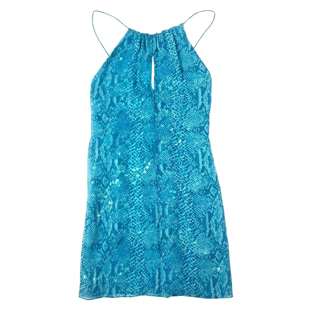 RARE Cache Turquoise Blue Snake-Print Mini Dress - sequin beaded silk lace cute
